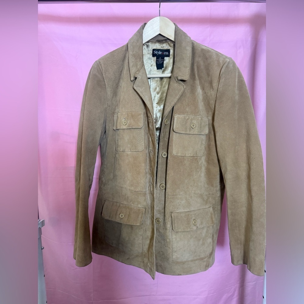 Style & Co. Tan Suede, Genuine Leather Jacket Size Medium - Picture 2 of 4